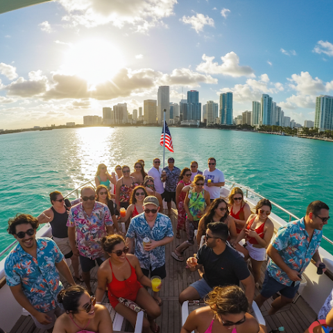 Group of people partying on a boat with city skyline and American flag in background, sunny day.