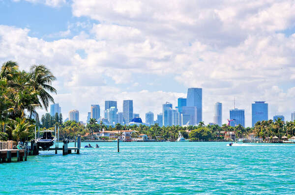Miami skyline and Biscayne Bay during a February boat tour